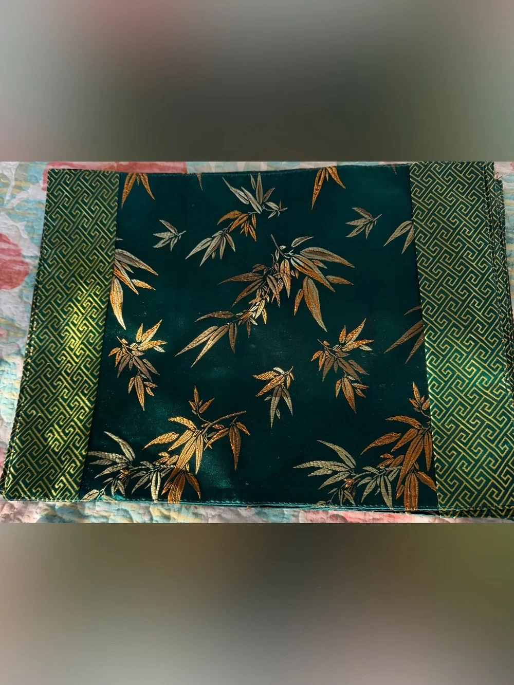 Emerald Green and Gold Silk Table Settings-Set 6 Metallic Gold Bamboo Motif